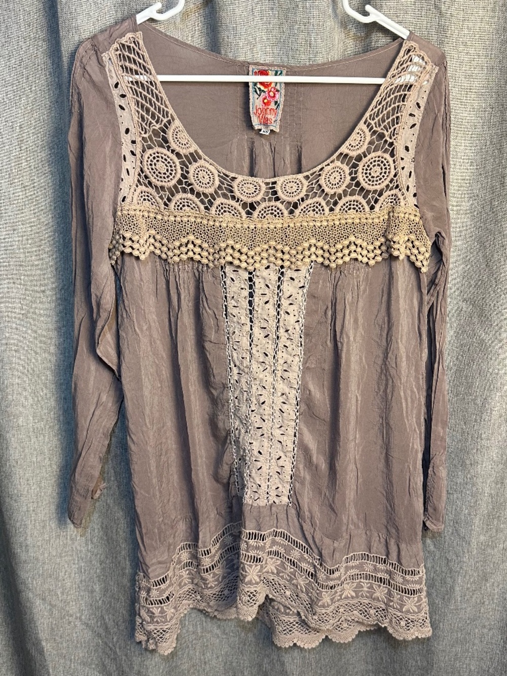 Johnny Was Crochet Lace Embroidered Cupra Rayon Tunic Dress Blouse Grey XS